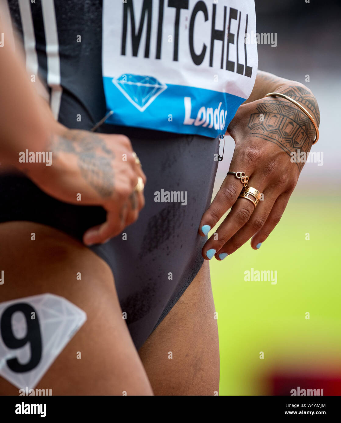 London, UK. 21st July, 2019. Hand tattoo & jewellery of Morgan Mitchell (AUS) before the women 800m race during the MŸller Anniversary Games London Grand Prix 2019 at the Olympic Park, London, England on 21 July 2019. Photo by Andy Rowland/PRiME Media Images. Credit: PRiME Media Images/Alamy Live News Stock Photo