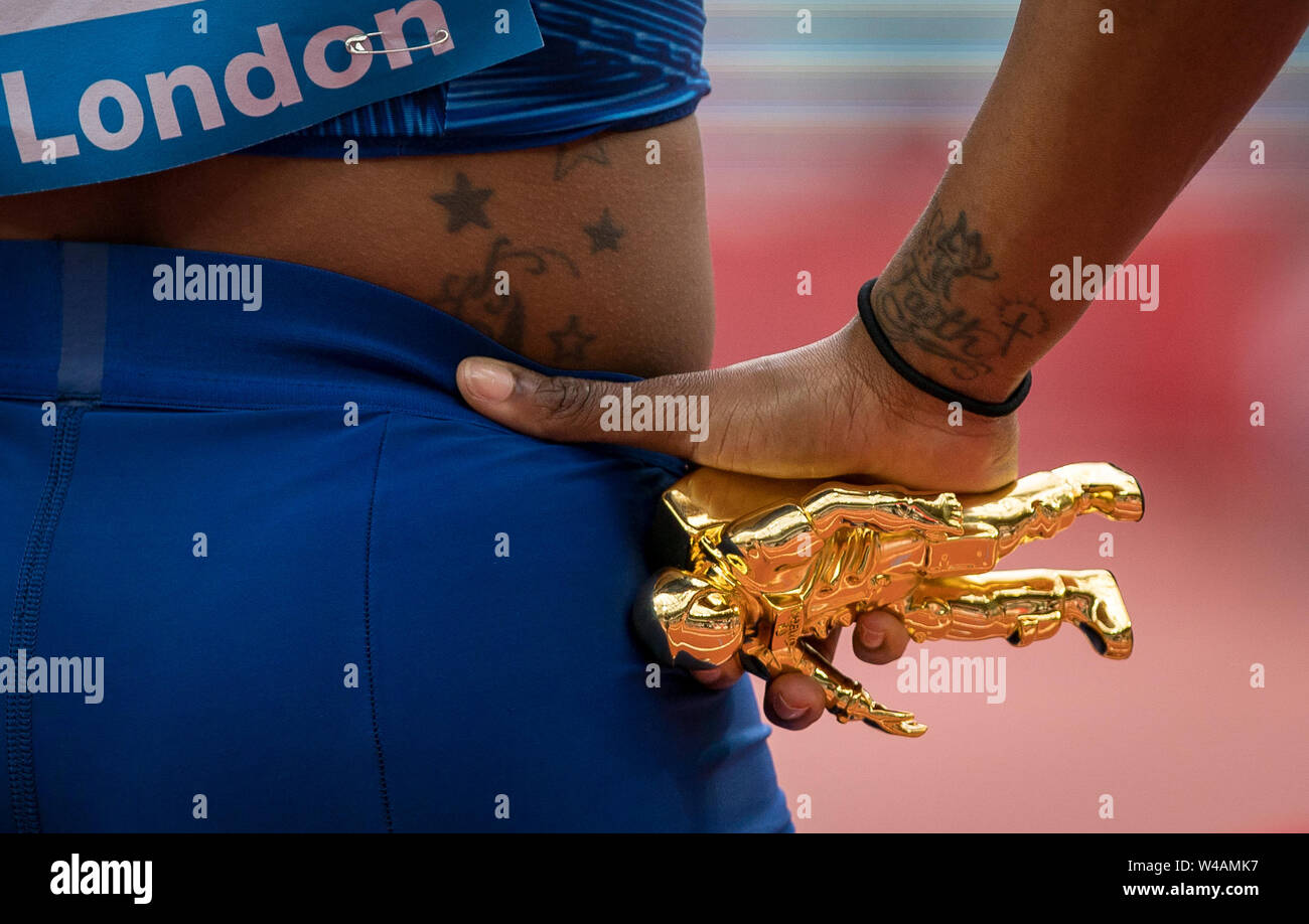 London, UK. 21st July, 2019. Winner of women's 100m final Shelly-Ann FRASER PRYCE (JAM) holds onto her winners miniature Golden astronaut (in reference to the 50th anniversary of the moon landings) during the MŸller Anniversary Games London Grand Prix 2019 at the Olympic Park, London, England on 21 July 2019. Photo by Andy Rowland/PRiME Media Images. Credit: PRiME Media Images/Alamy Live News Stock Photo