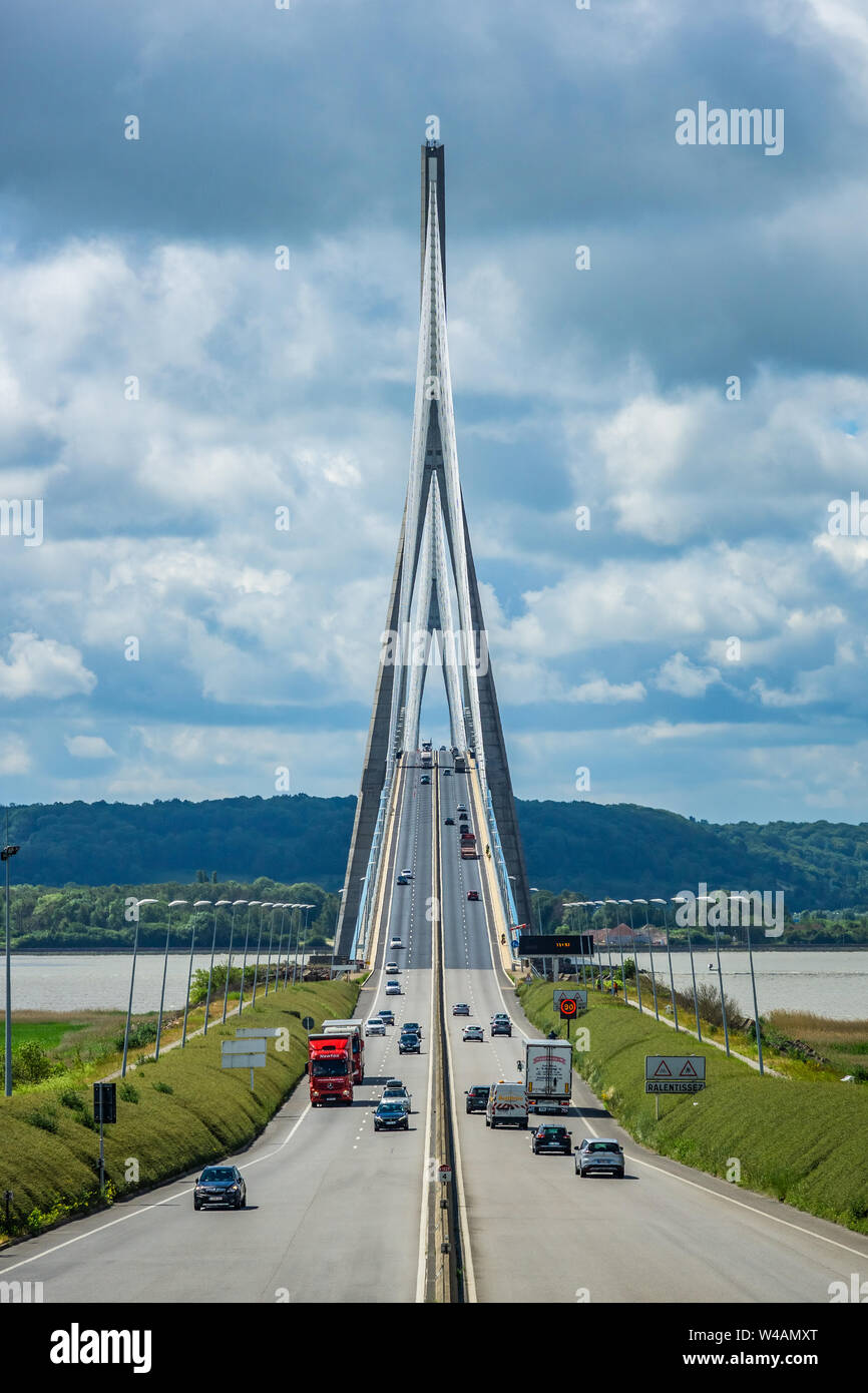 Normandy Bridge or Pont de Normandie over the Seine River with traffic jam, France. Stock Photo