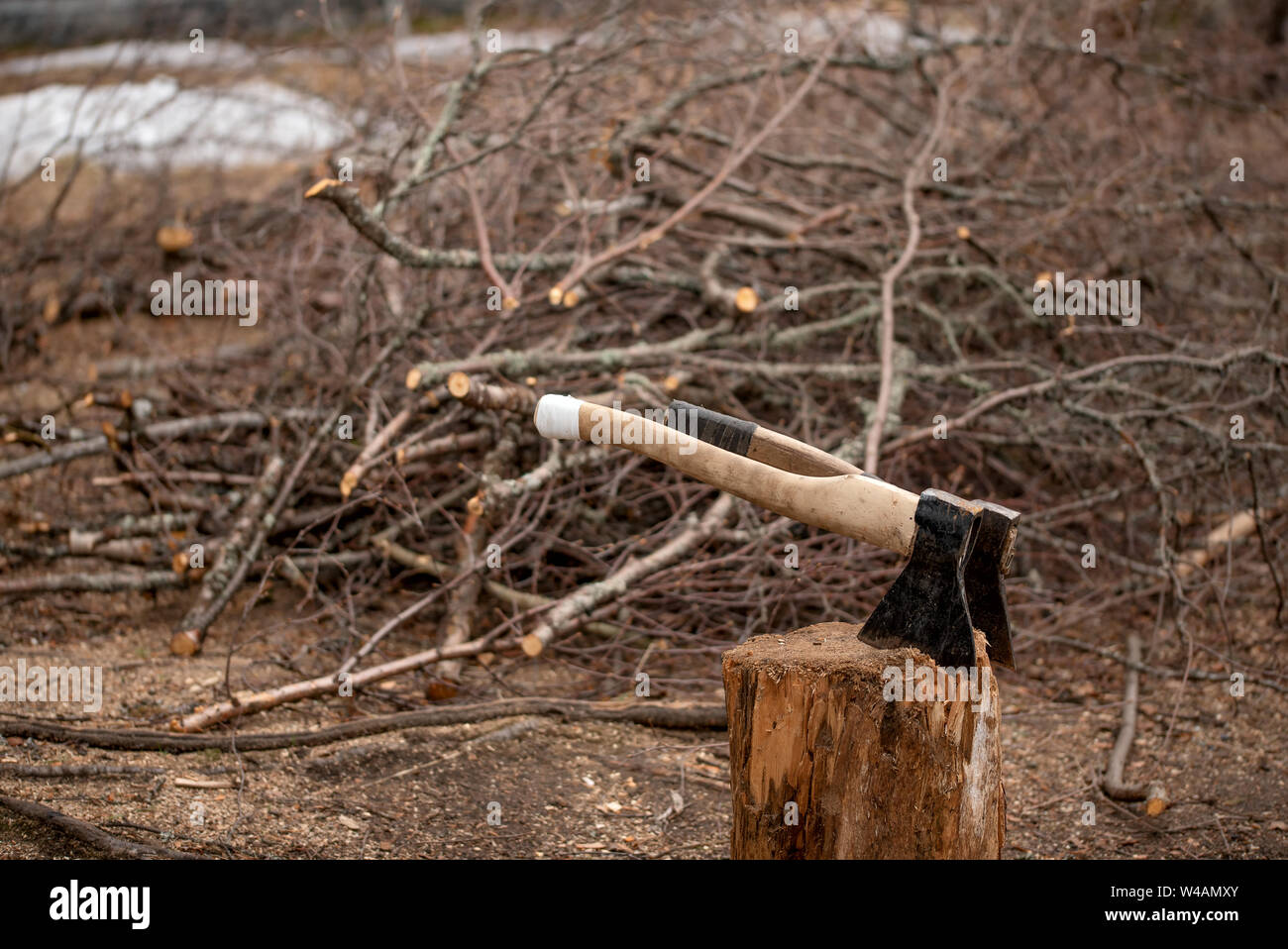 Two axes in a stub for splitting of firewood in the yard of a country