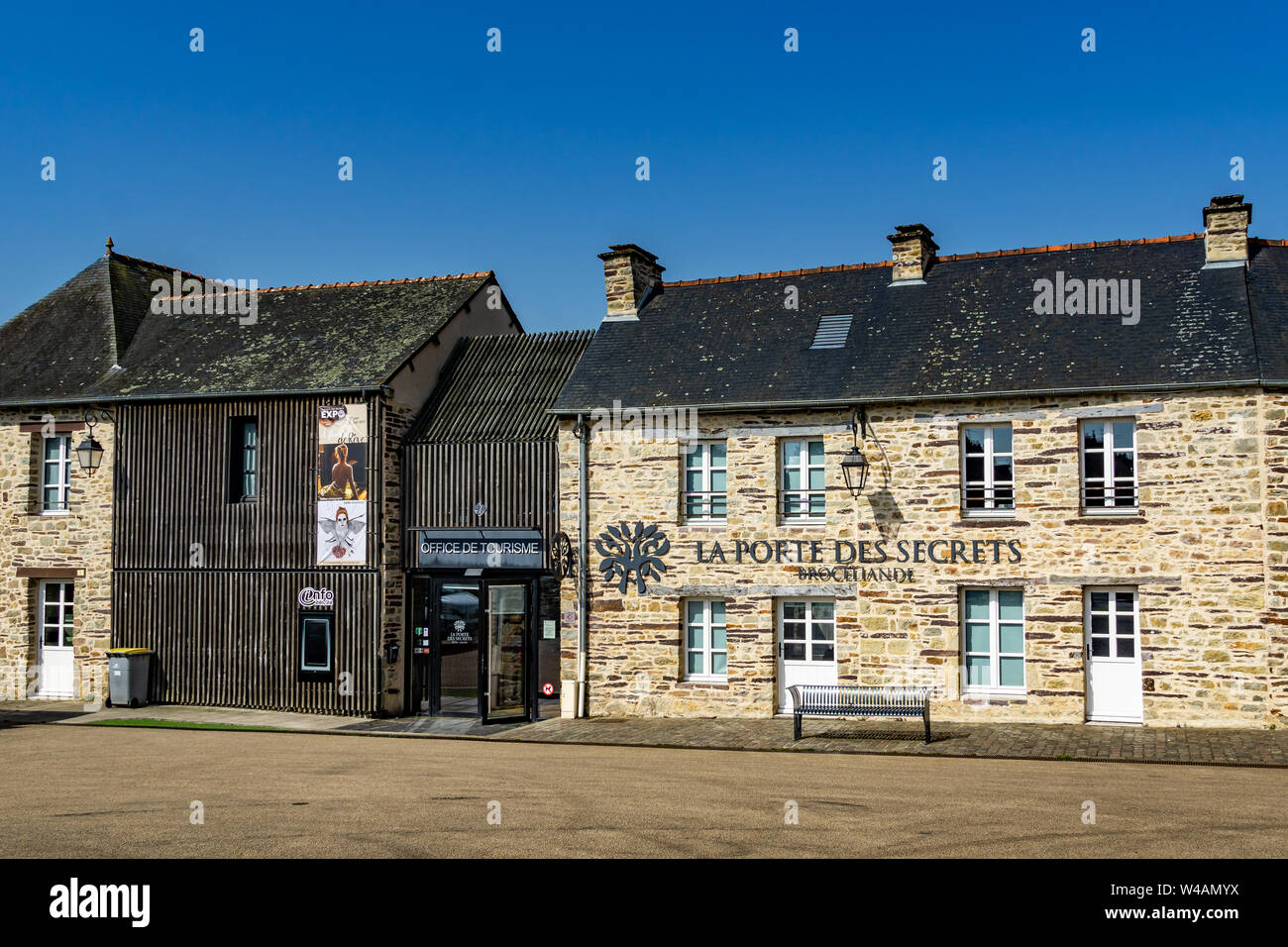 Tourist information center and Porte des Secrets buildings facade in Paimpont, Broceliande forest, Brittany, France. Stock Photo