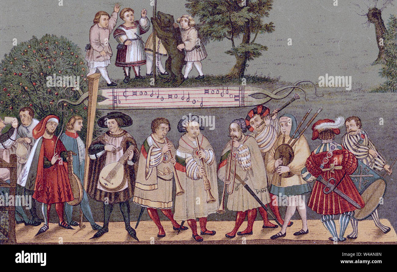GERMAN MUSICIANS about 1400.Note the chained bear at top. Stock Photo