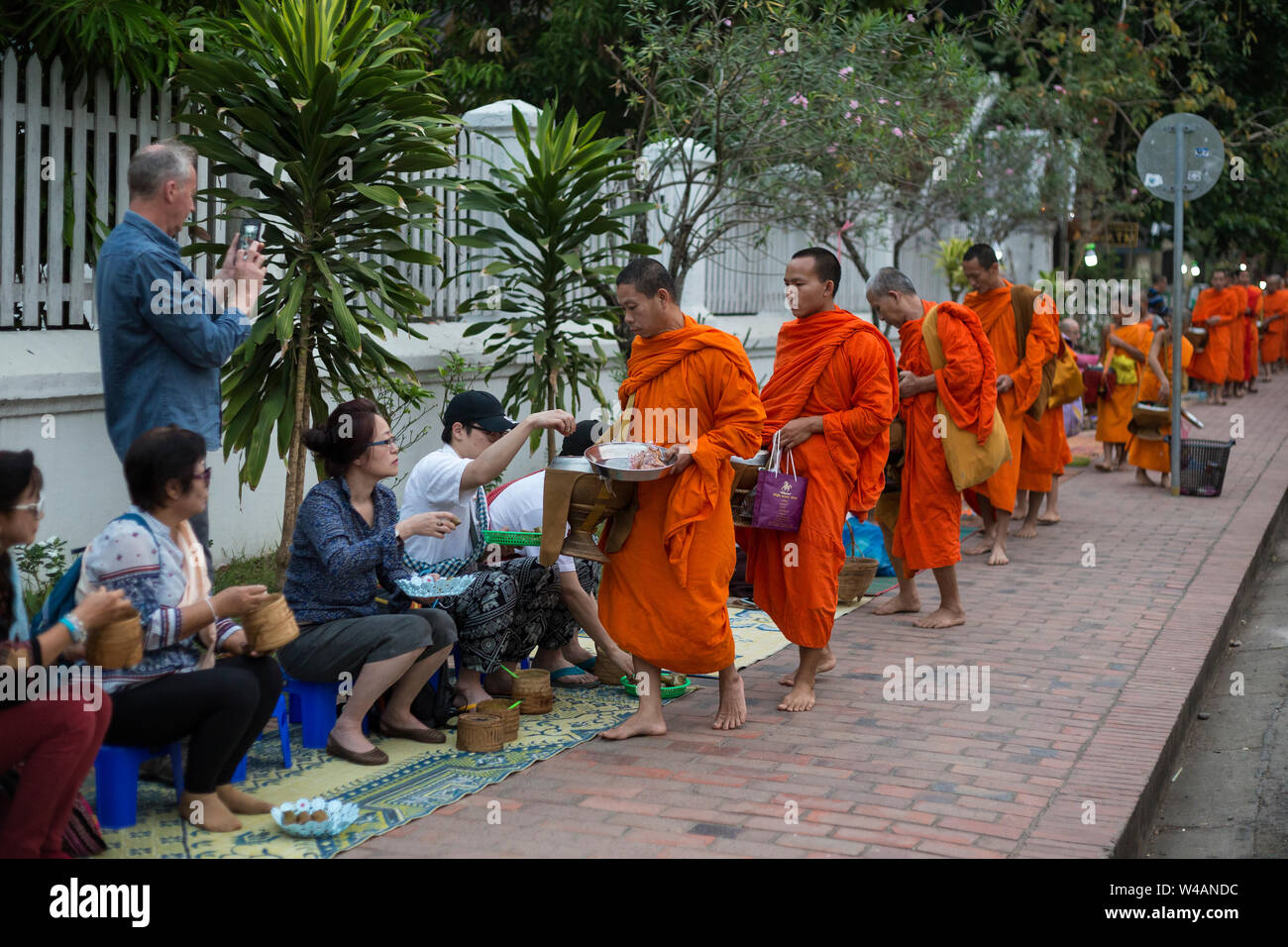 People giving alms to Buddhist monks on the street early in the morning in Luang Prabang, Laos. The ritual is called Tak Bat. Stock Photo