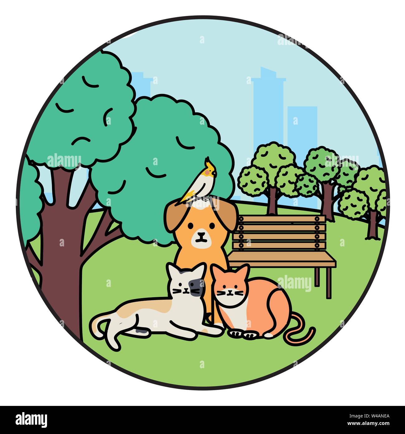 cute group of mascots in the park vector illustration design Stock