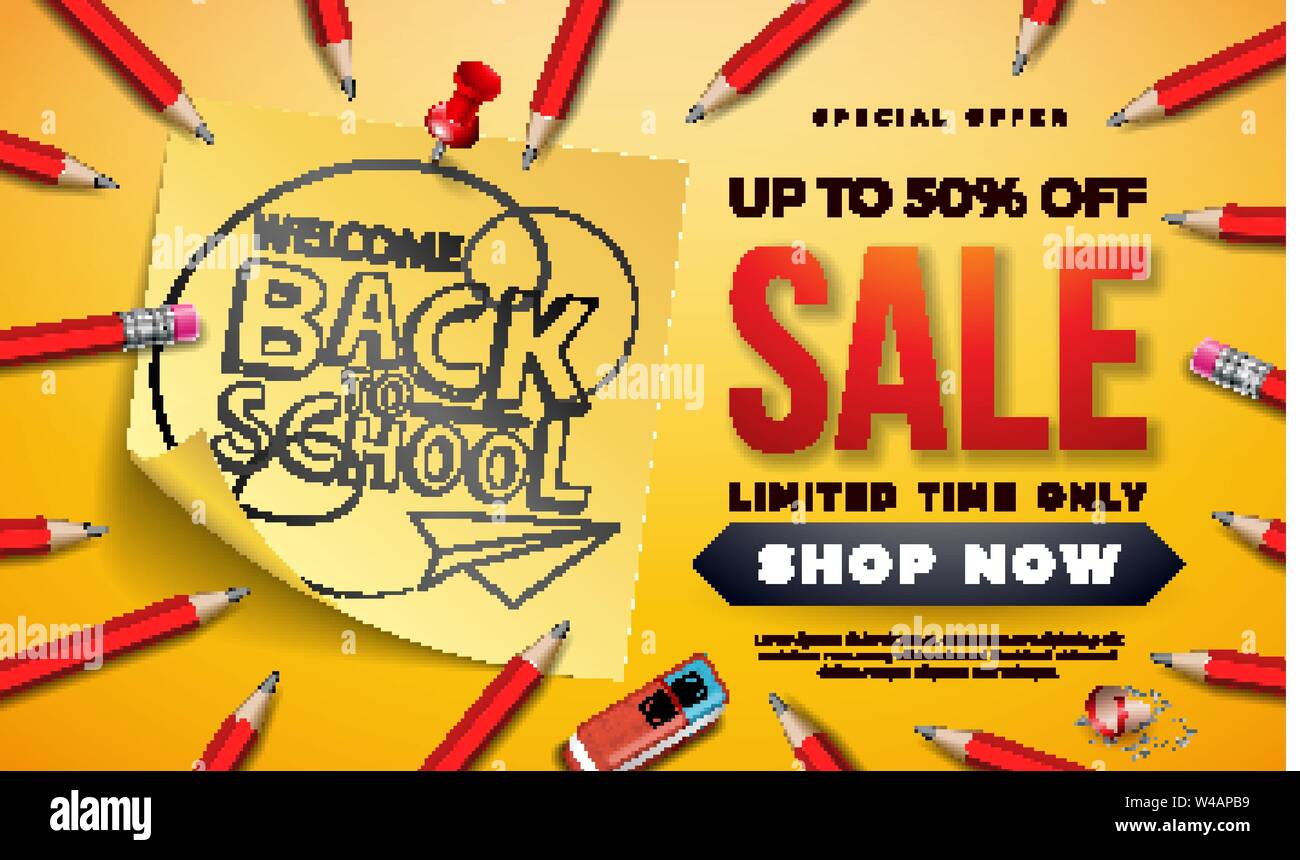Back to School Sale Design with Graphite Pencil, Eraser and Sticky ...