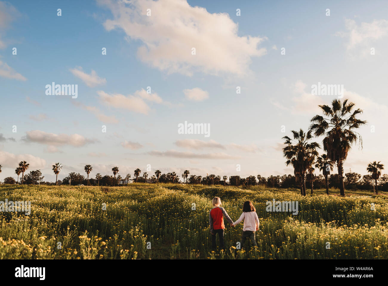 Landscape view of little girl and boy holding hands walking Stock Photo