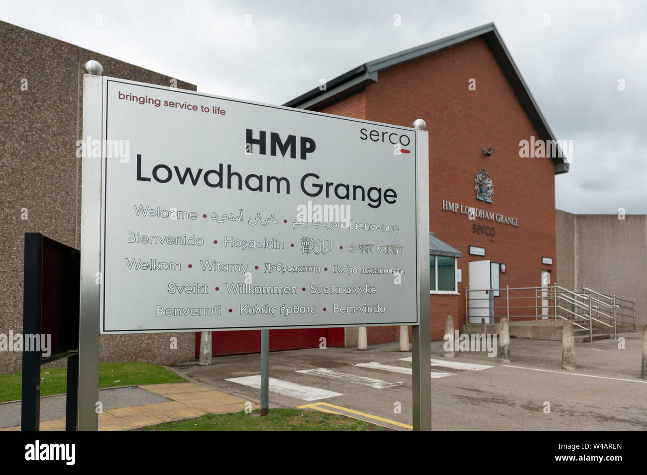 Signage for HMP Lowdham Grange category B men's prison in Nottinghamshire, UK. Stock Photo