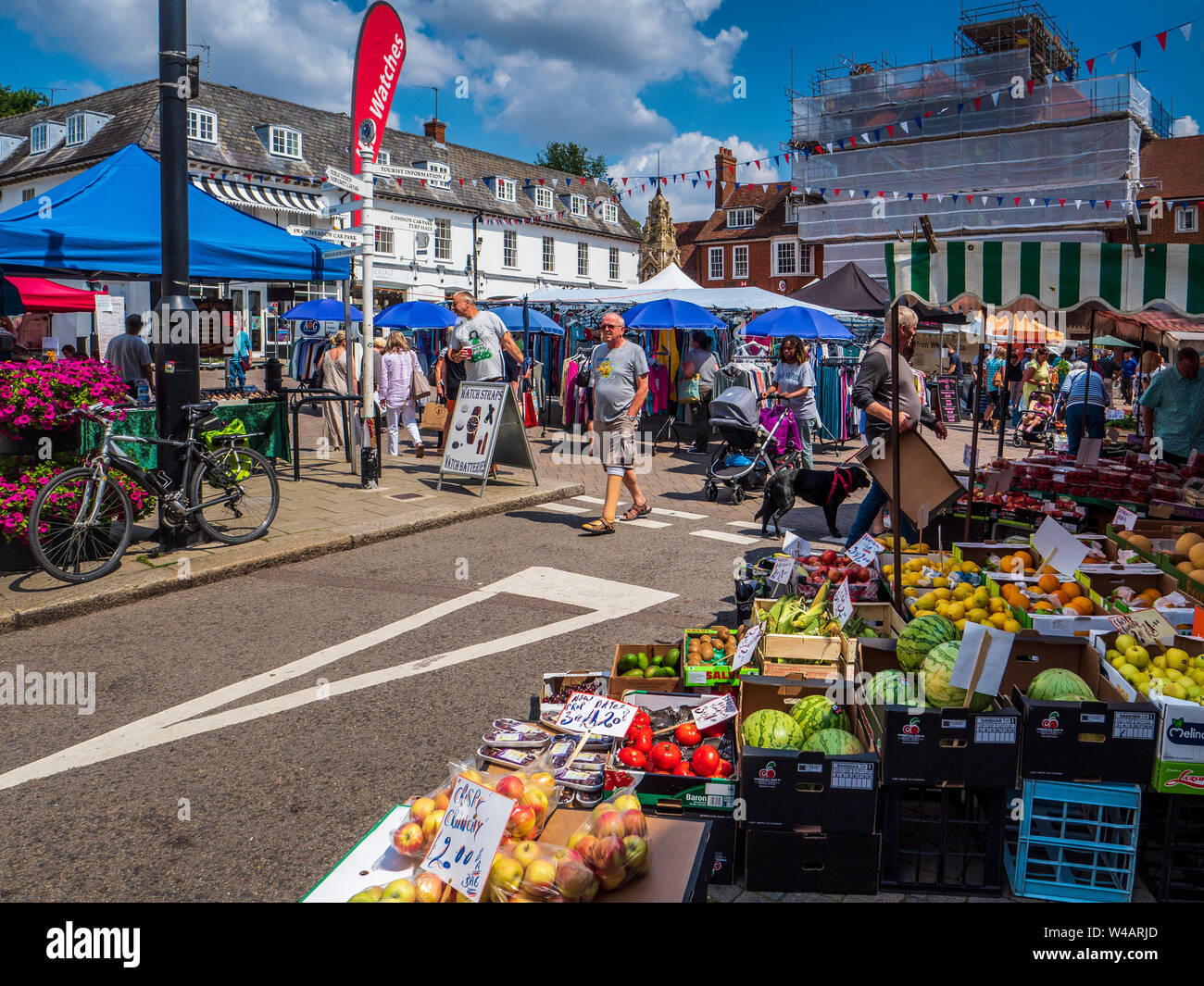 Saffron Walden Market on Market Square in the small historic Essex town of Saffron Walden Stock Photo