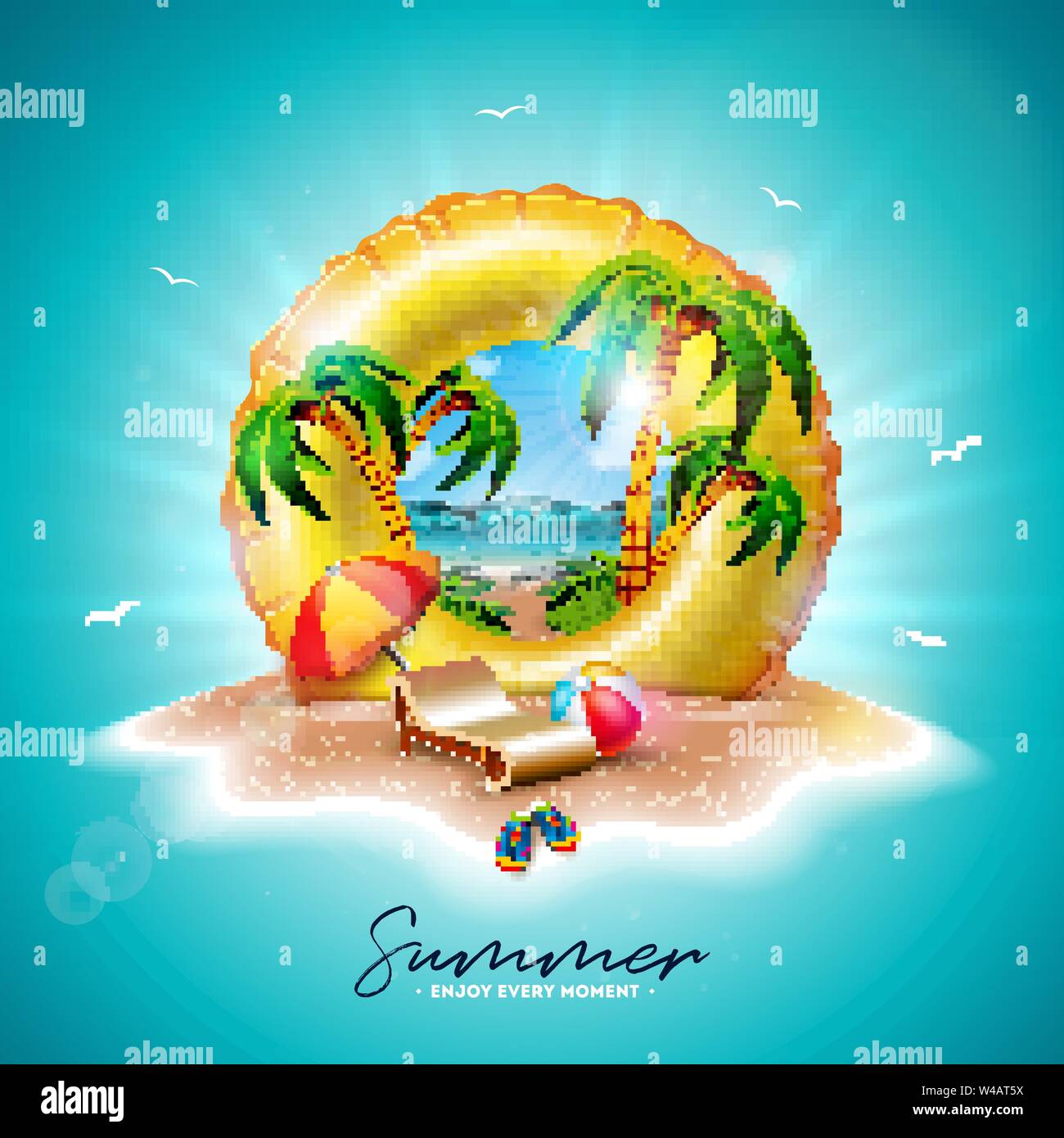 Vector Summer Holiday Illustration with Yellow Float and Exotic Palm Trees on Tropical Island Background. Flower, Beach Ball, Sunshade and Blue Ocean Stock Vector