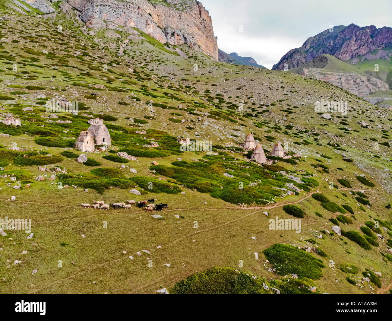 Distant view of medieval tombs in City of Dead near Eltyulbyu, Russia Stock Photo