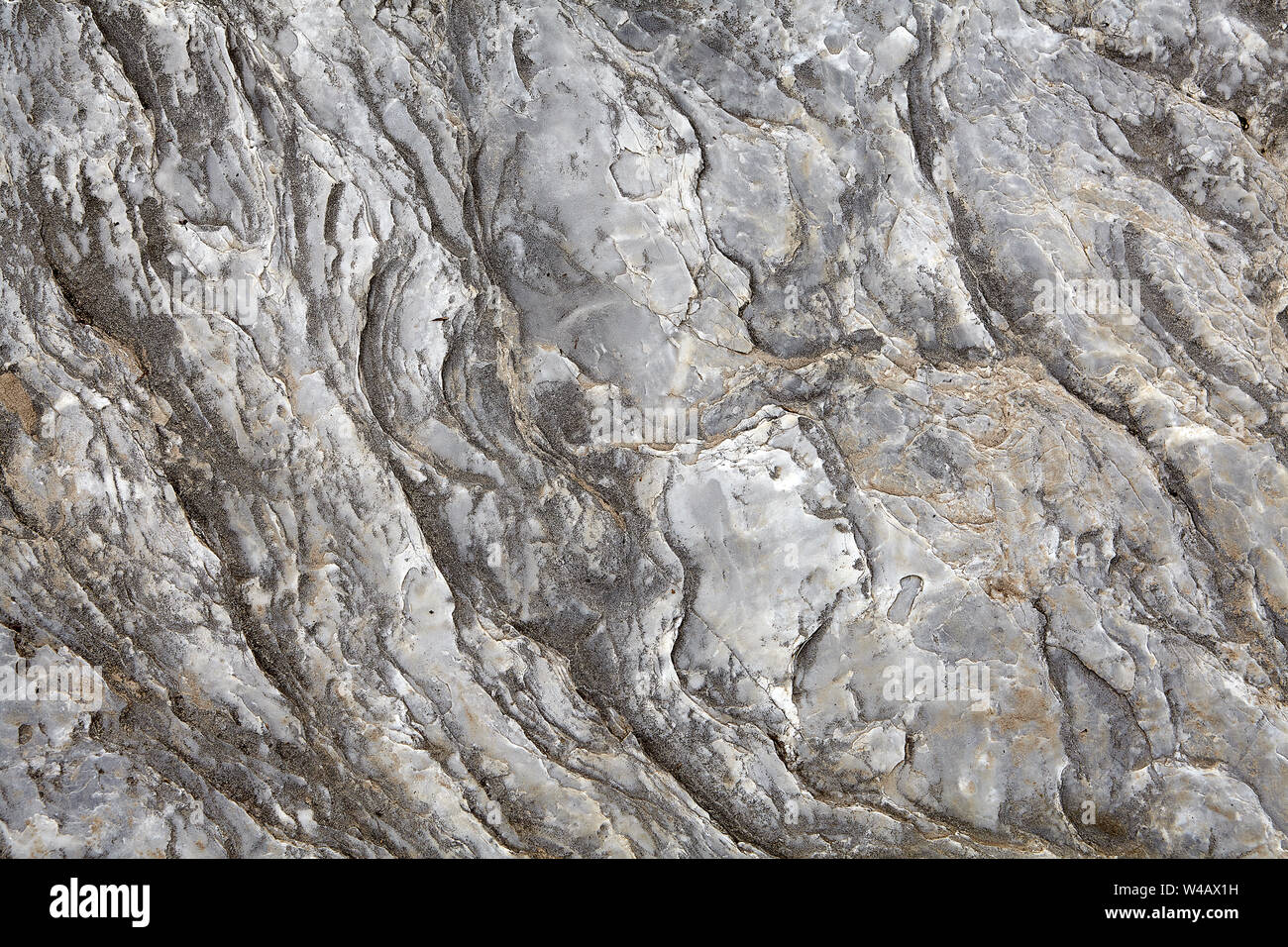 The stone surface of untreated gray shungite, granite, or marble, smooth from river water, but covered with cracks from old age, texture for backgroun Stock Photo