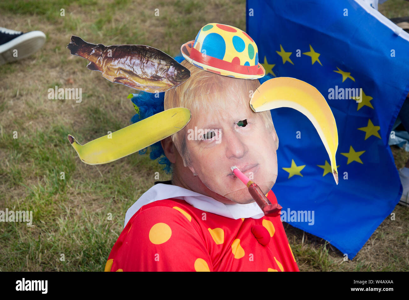 Anti Brexit and Anti- Boris demonstration July 20th. A man in a clown costume with a Boris mask. Stock Photo