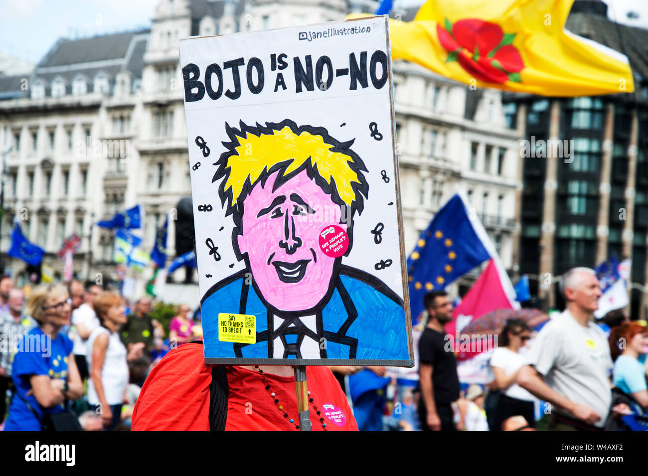 Anti Brexit and Anti- Boris demonstration July 20th. A woman holds a placard saying 'BO-Jo is a No-No'. Parliament Square. Stock Photo