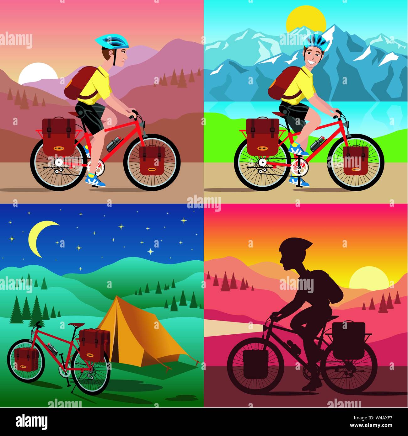 A vector illustration of a man mountain biking in different parts of the day. Stock Vector