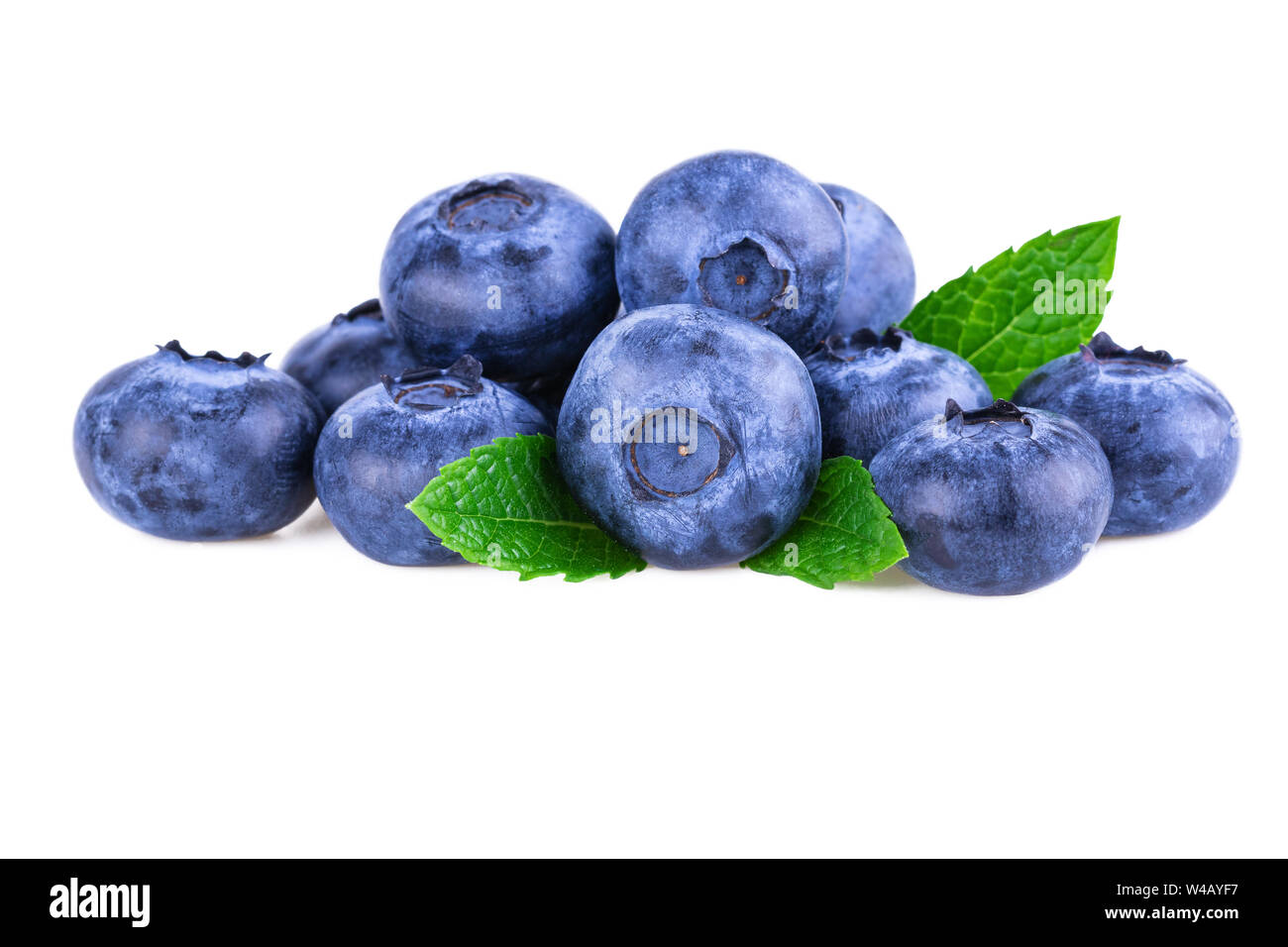 Blueberries. Stack of fresh blueberry with mint leaves isolated on white Stock Photo