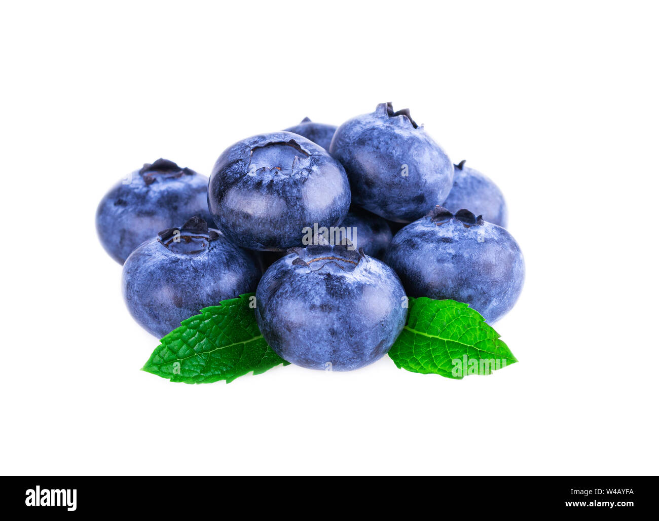 Blueberries. Stack of blueberry with mint leaf isolated on white Stock Photo