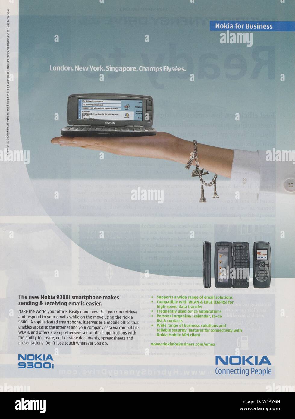 poster advertising Nokia 9300i phone, in magazine from 2006 year, NOKIA Connecting People slogan, advertisement, creative Nokia advert from 2000s Stock Photo