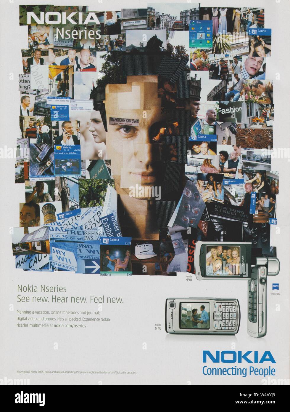 poster advertising Nokia Nseries N70, N90 phone in magazine from 2006, NOKIA Connecting People slogan, advertisement, creative Nokia 2000s advert Stock Photo