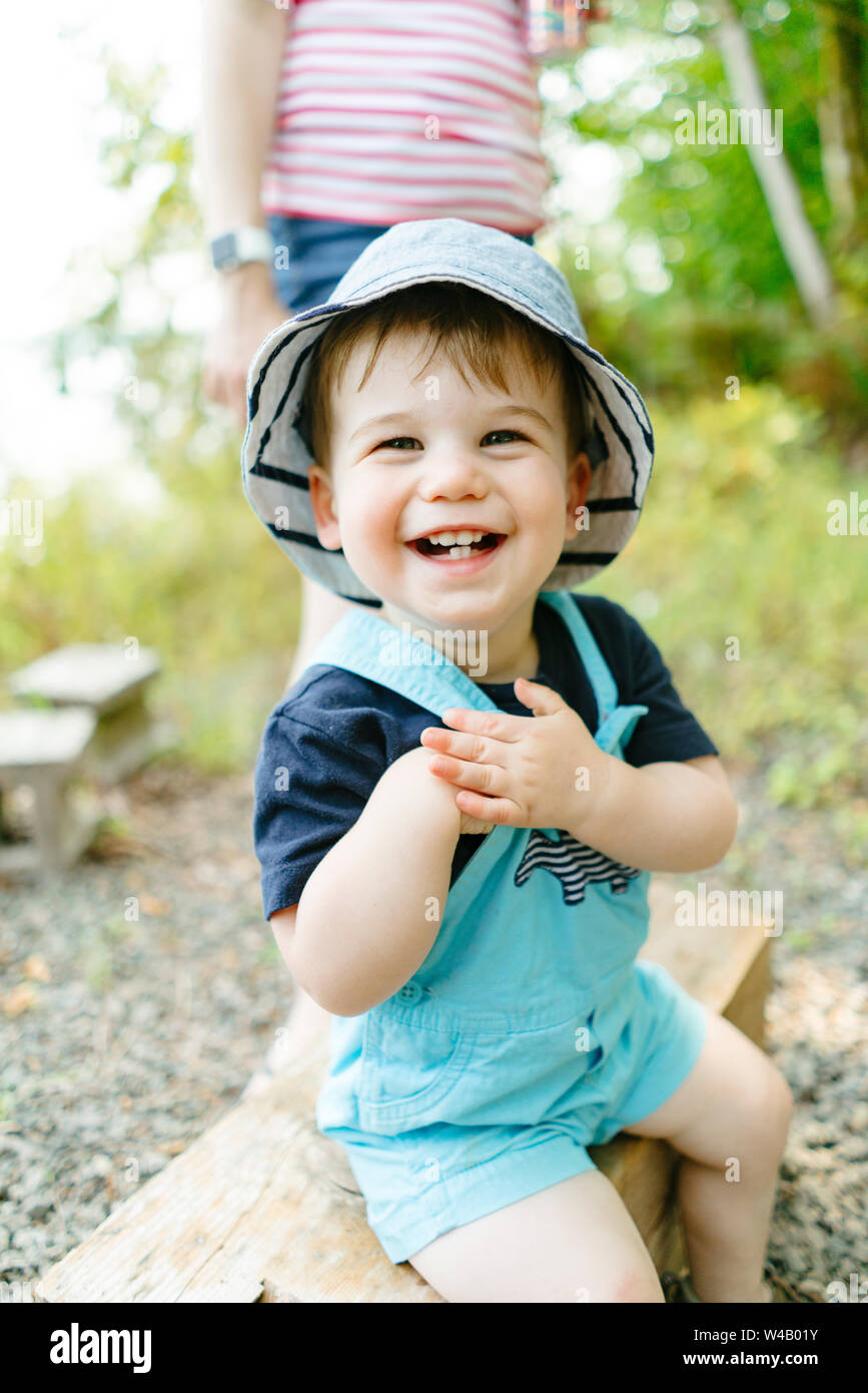 Straight on closeup portrait of a smiling, happy toddler boy Stock ...