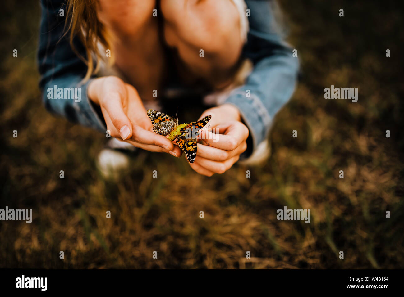 9 YEAR OLD GIRL HOLDING TWO BUTTERFLIES Stock Photo