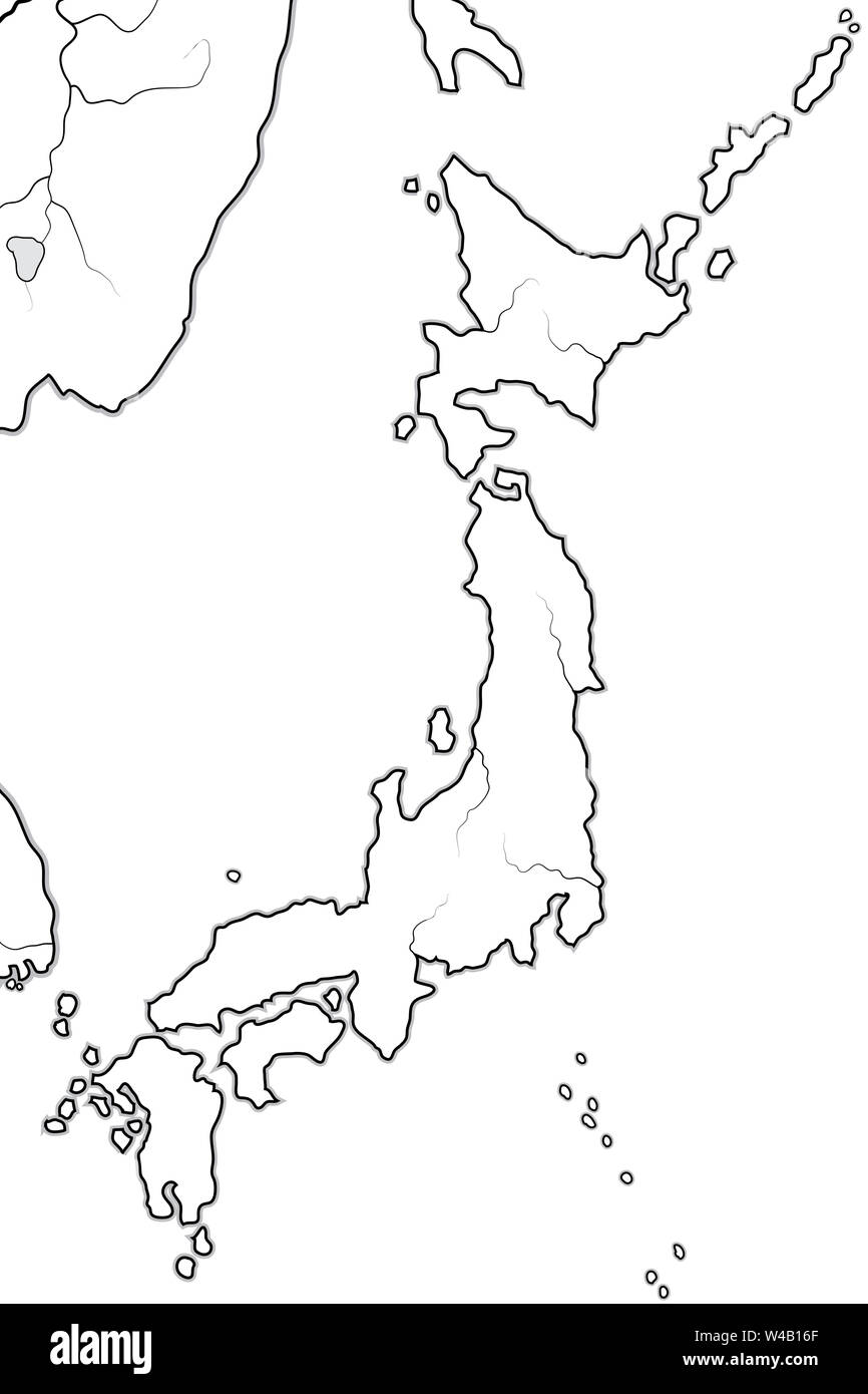 World Map of JAPAN: «Land of the Rising Sun» (endonym: Nippon/Nihon), and its four Large islands: Honshu, Hokkaido, Kyushu, Shikoku. Geographic chart. Stock Photo