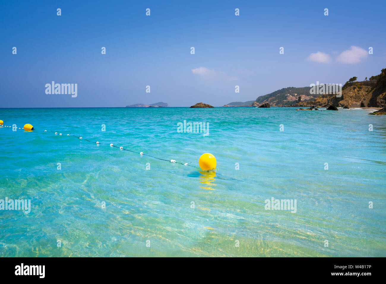 Ibiza beach of Aigua blanca in Santa Eulalia at Balearic islands also Aigues Blanques Stock Photo