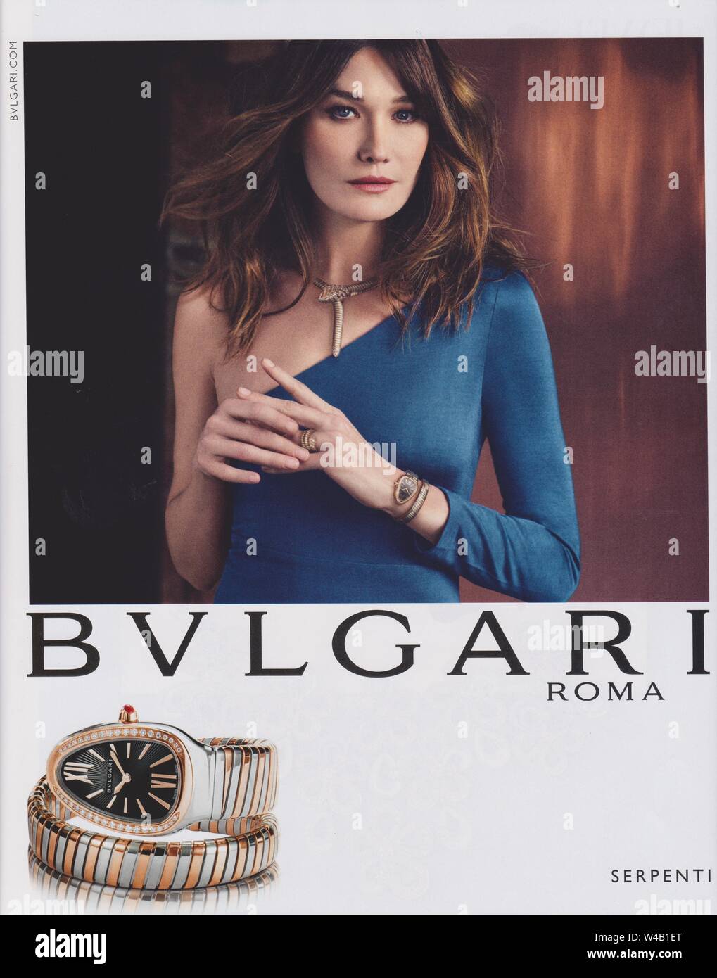 poster advertising BVLGARI Roma fashion house with Carla Bruni in paper  magazine from 2015 year, advertisement, creative BVLGARI advert from 2010s  Stock Photo - Alamy