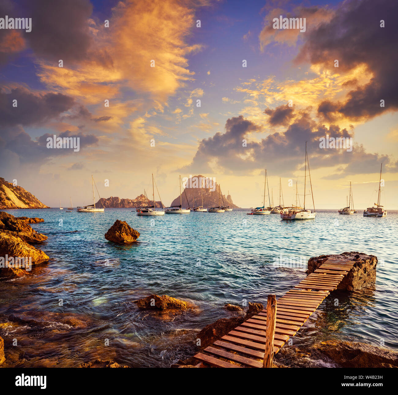 Ibiza cala d Hort with Es Vedra islet sunset in Sant Josep of Balearic Islands Stock Photo