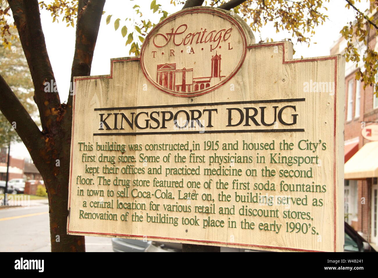 Kingsport, TN, USA. Historical marker for the first drug store in the city. Stock Photo