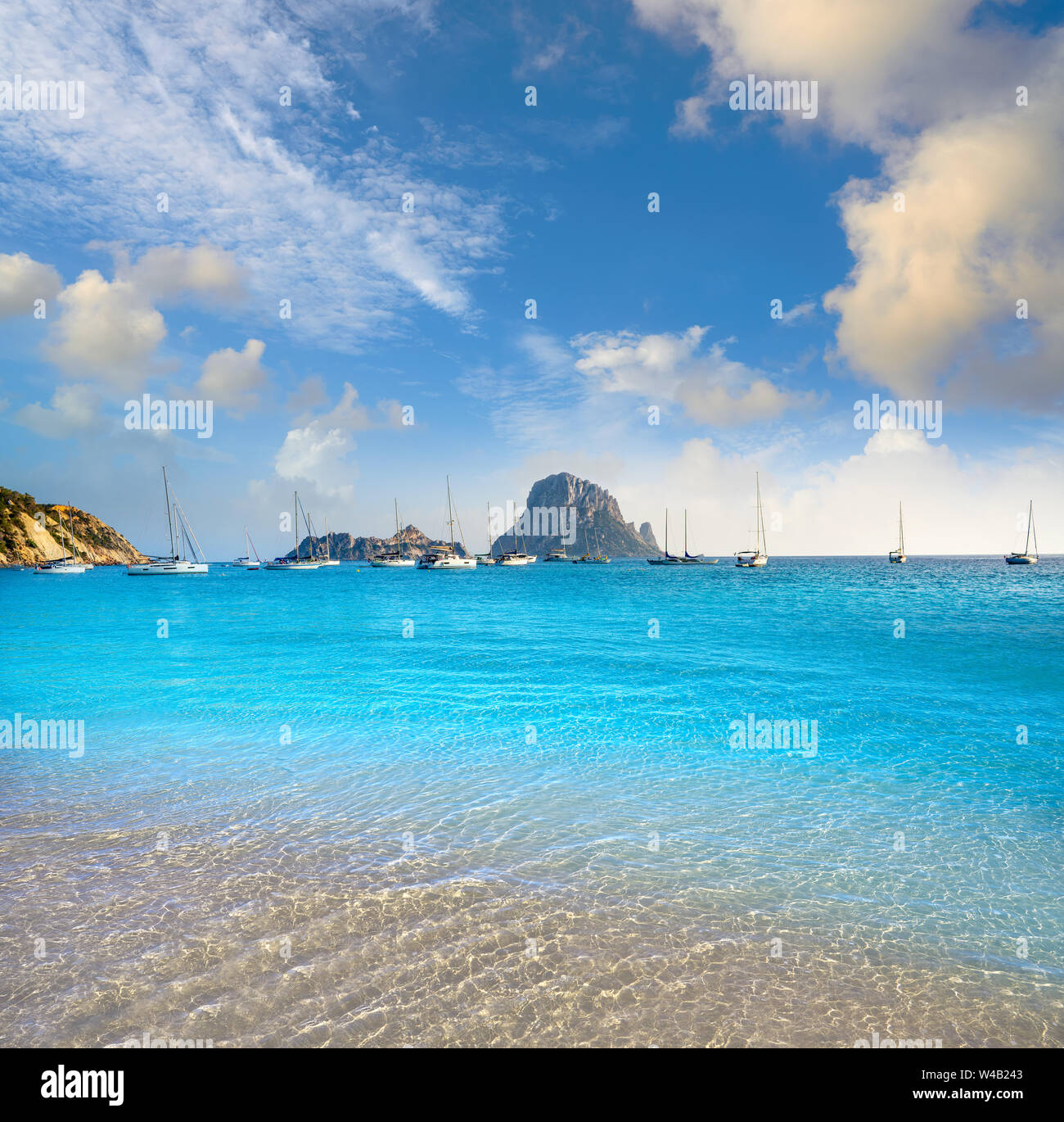 Ibiza cala d Hort with Es Vedra islet sunset in Sant Josep of Balearic Islands Stock Photo