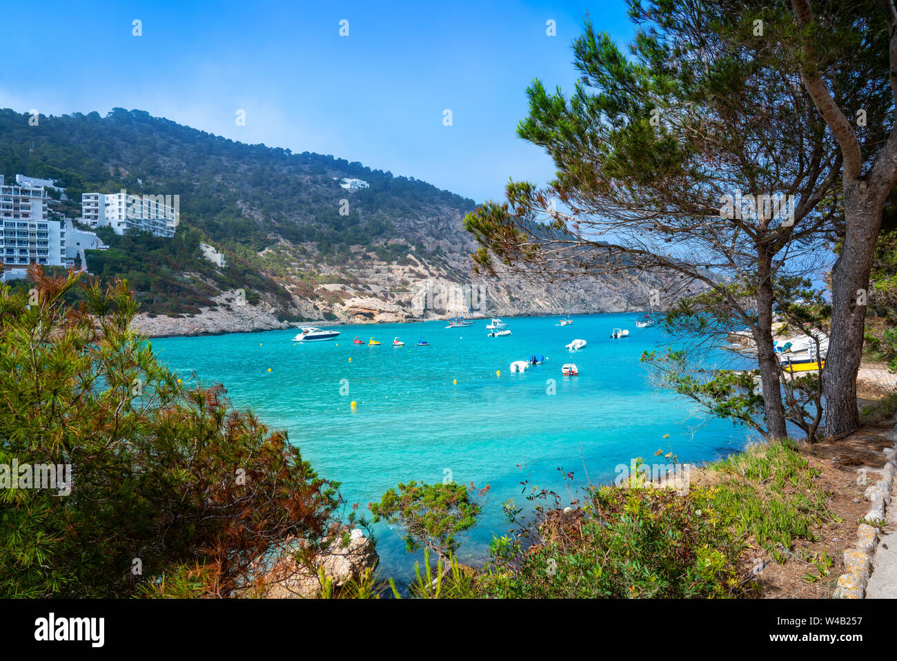 Ibiza Cala Llonga beach in Santa Eulalia in Balearic islands of Spain Stock Photo