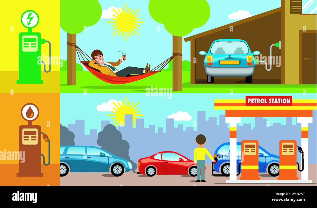 Man in hammock recharging electric car at home and man in line at gas station filling conventional automobile in illustration. Stock Vector