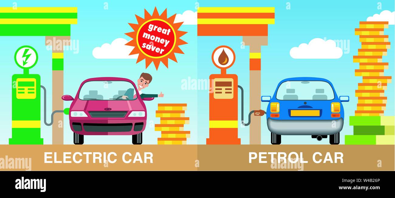 Illustration of a red electric car refueled by a battery charging point with a blue car refueled from a petrol pump with a shaped red car sign Stock Vector