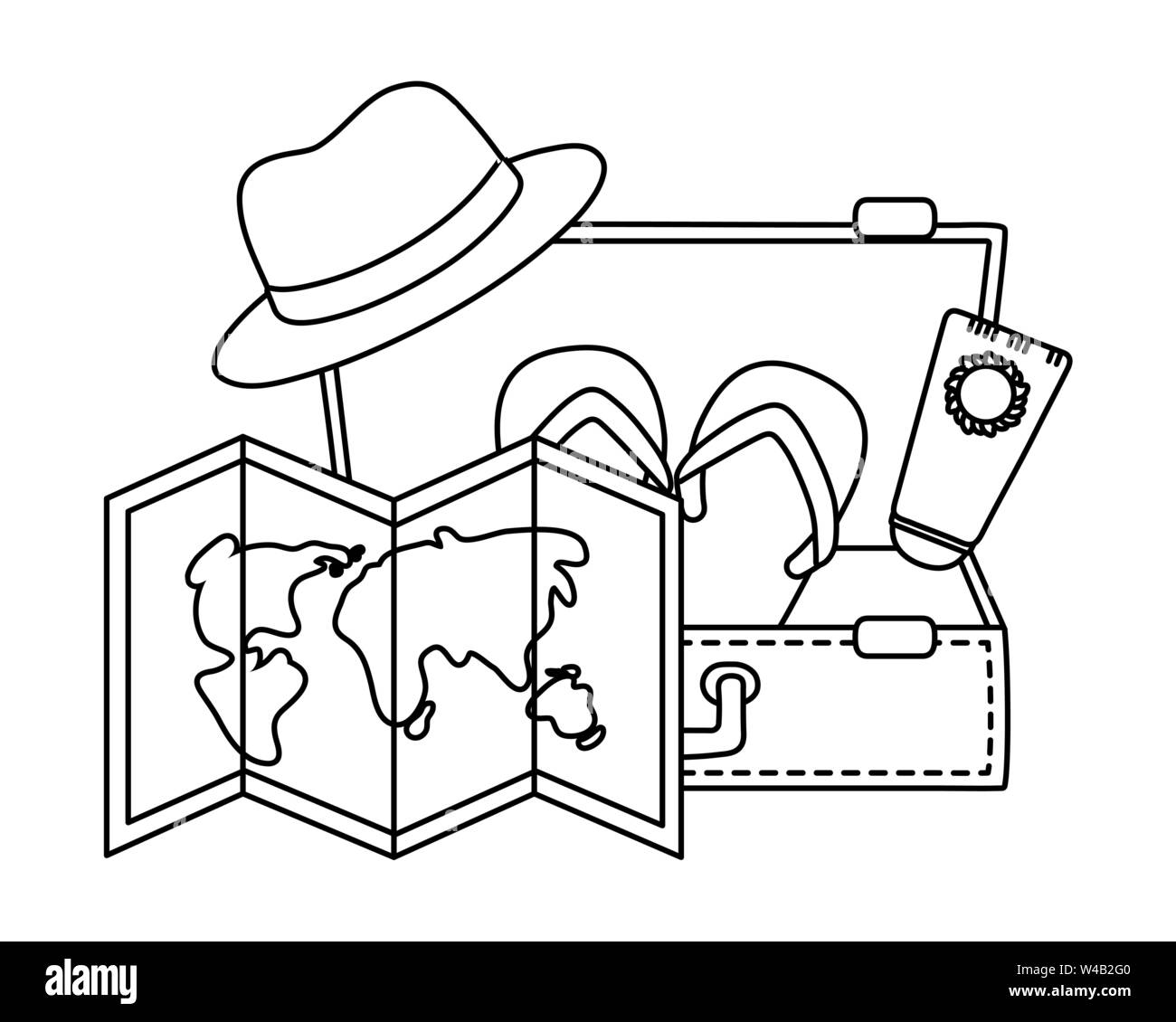 Tourist trip summer travel folded map with hat sunscreen lotion and ...