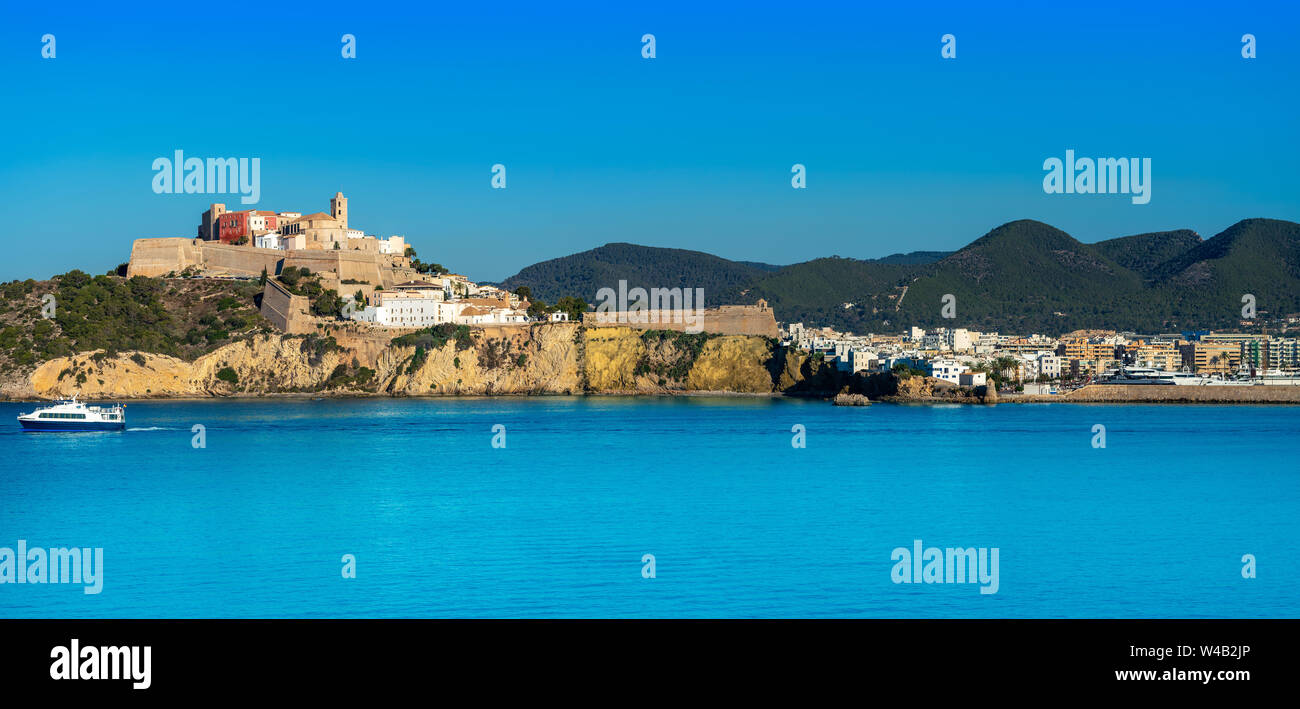 Ibiza Eivissa Castle and skyline panoramic from sea in Balearic Islands Stock Photo