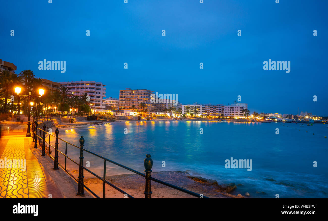 Santa Eulalia of Ibiza sunset beach in Balearic Islands of Spain Eularia Stock Photo