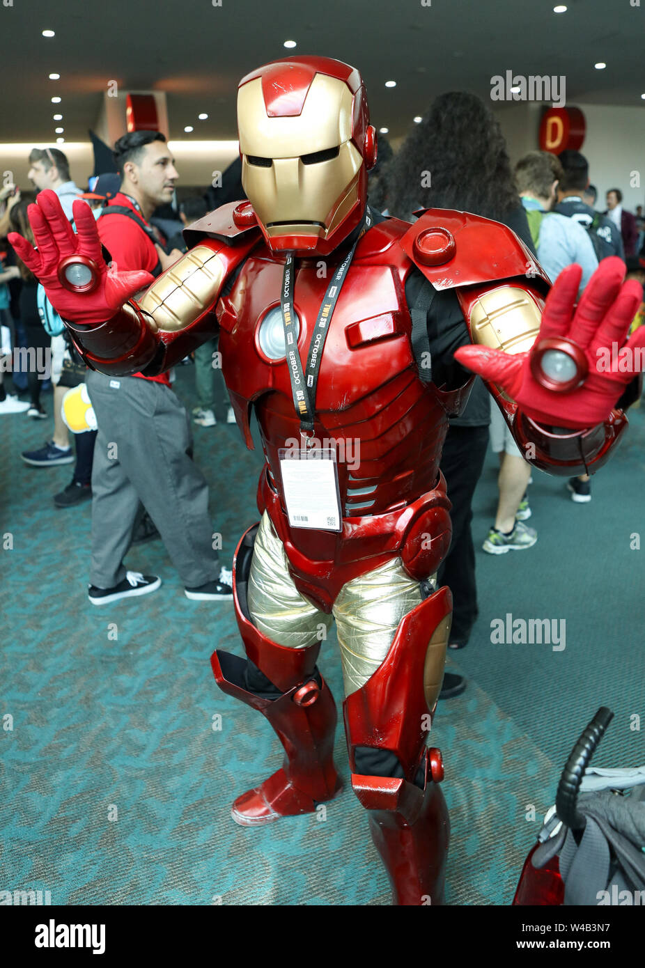San Diego, California, USA. 20th July, 2019. San Diego, California, U.S. -  Cosplay fan dressed as Iron-Man poses at the San Diego Convention Center  Comic-Con 2019 Credit: Alexander Seyum/ZUMA Wire/Alamy Live News, image size:926x1390