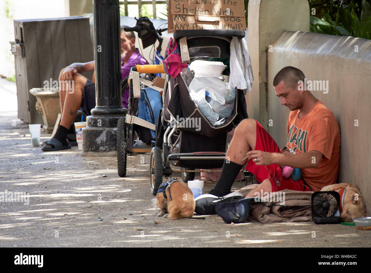 homeless people with baggage dogs and signs sitting begging in St Augustine Florida US USA Stock Photo