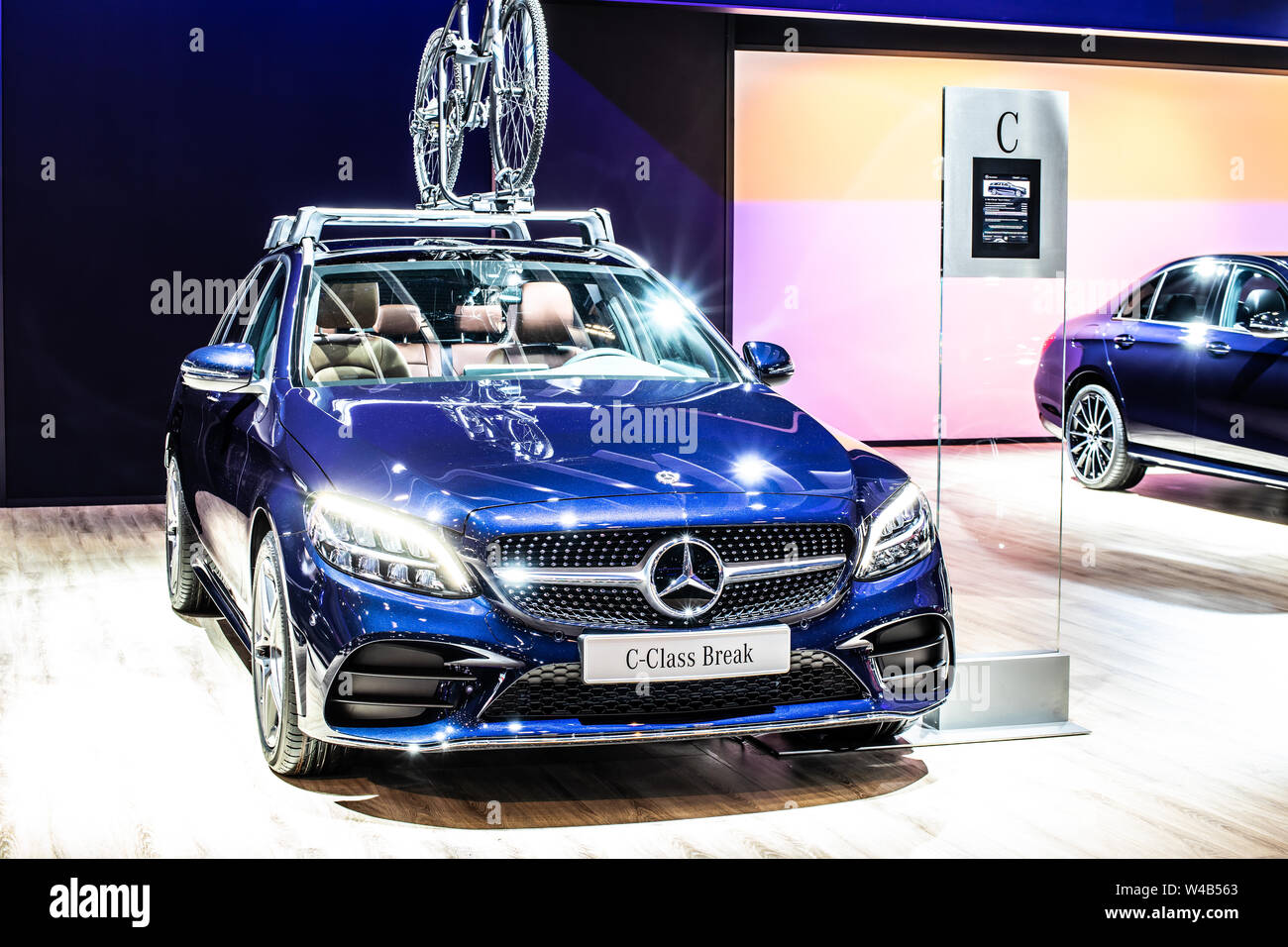 Brussels, Belgium, Jan 2019 blue Mercedes C-Class 220 D Break station wagon, Brussels Motor Show, 4th generation, W205 produced by Mercedes-Benz Stock Photo
