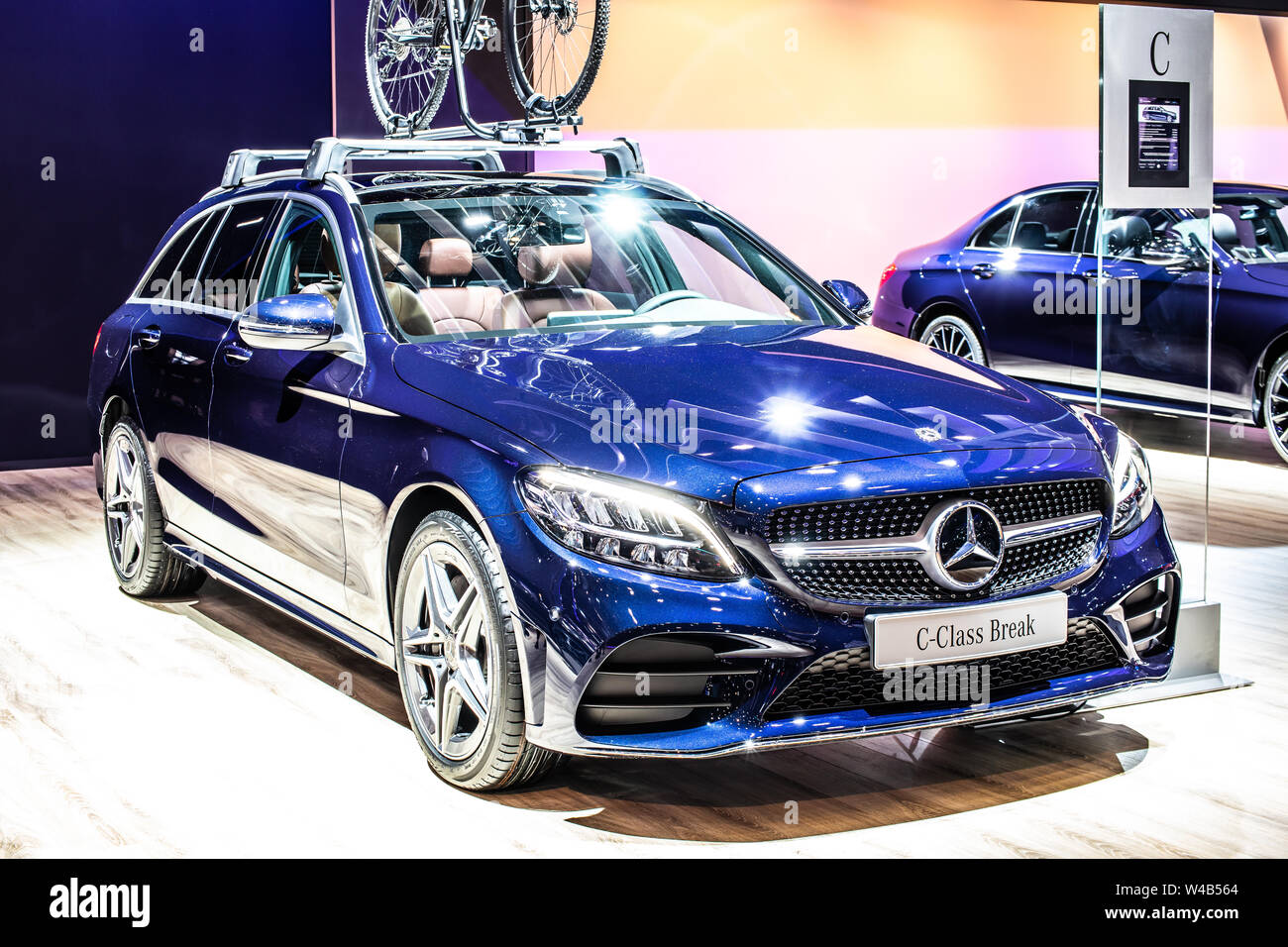 Brussels, Belgium, Jan 2019 blue Mercedes C-Class 220 D Break station wagon, Brussels Motor Show, 4th generation, W205 produced by Mercedes-Benz Stock Photo
