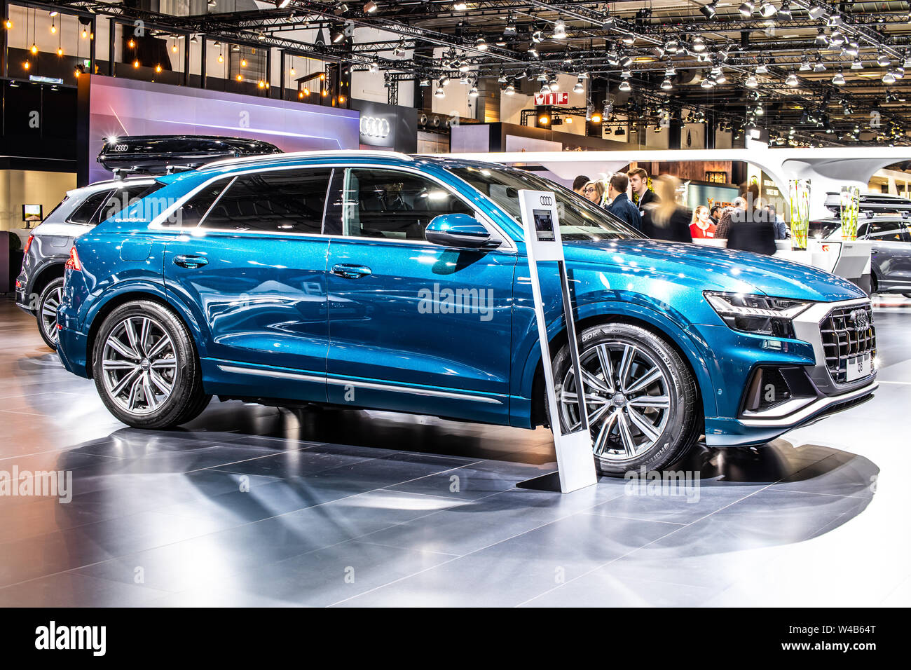 Brussels, Belgium, Jan 2019: metallic blue all new Audi Q8 at Brussels Motor Show, 1st gen, SUV produced by German automobile manufacturer Audi AG Stock Photo