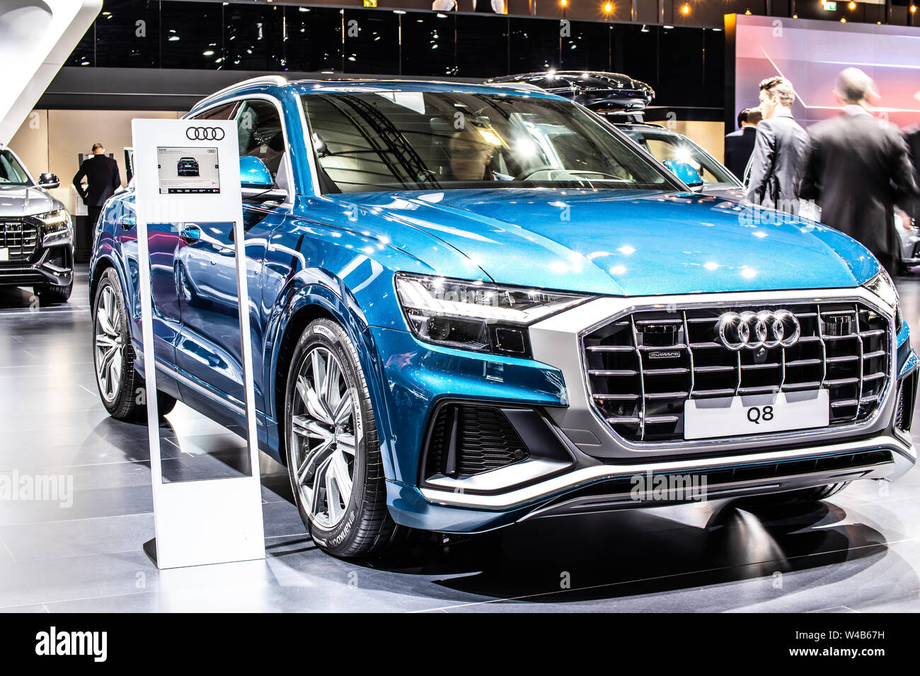 Brussels, Belgium, Jan 2019: metallic blue all new Audi Q8 at Brussels Motor Show, 1st gen, SUV produced by German automobile manufacturer Audi AG Stock Photo