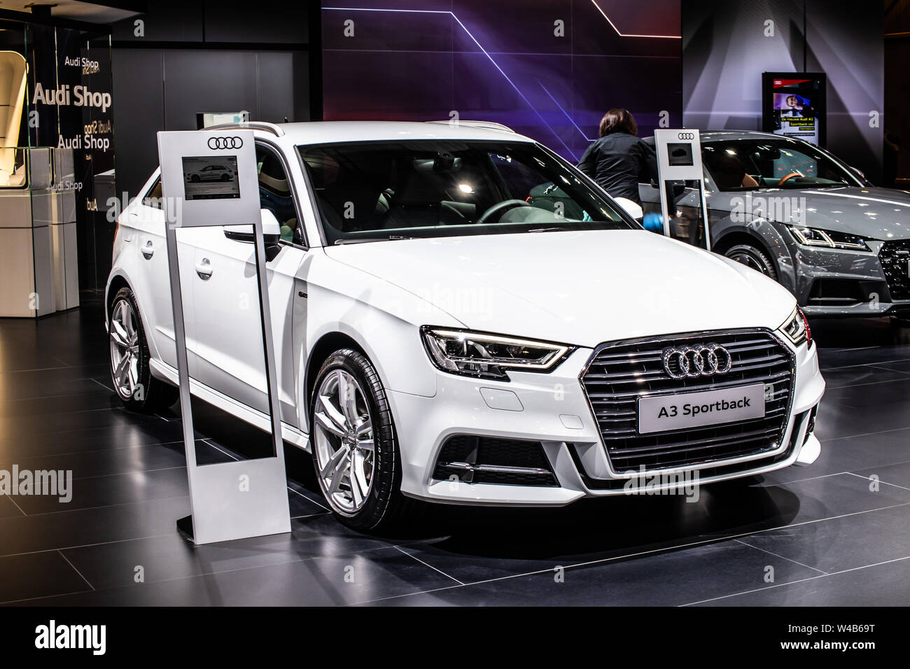 Brussels, Belgium, Jan 2019 white Audi A3 Sportback at Brussels Motor Show, Third generation, Typ 8V, car produced by Audi AG Stock Photo