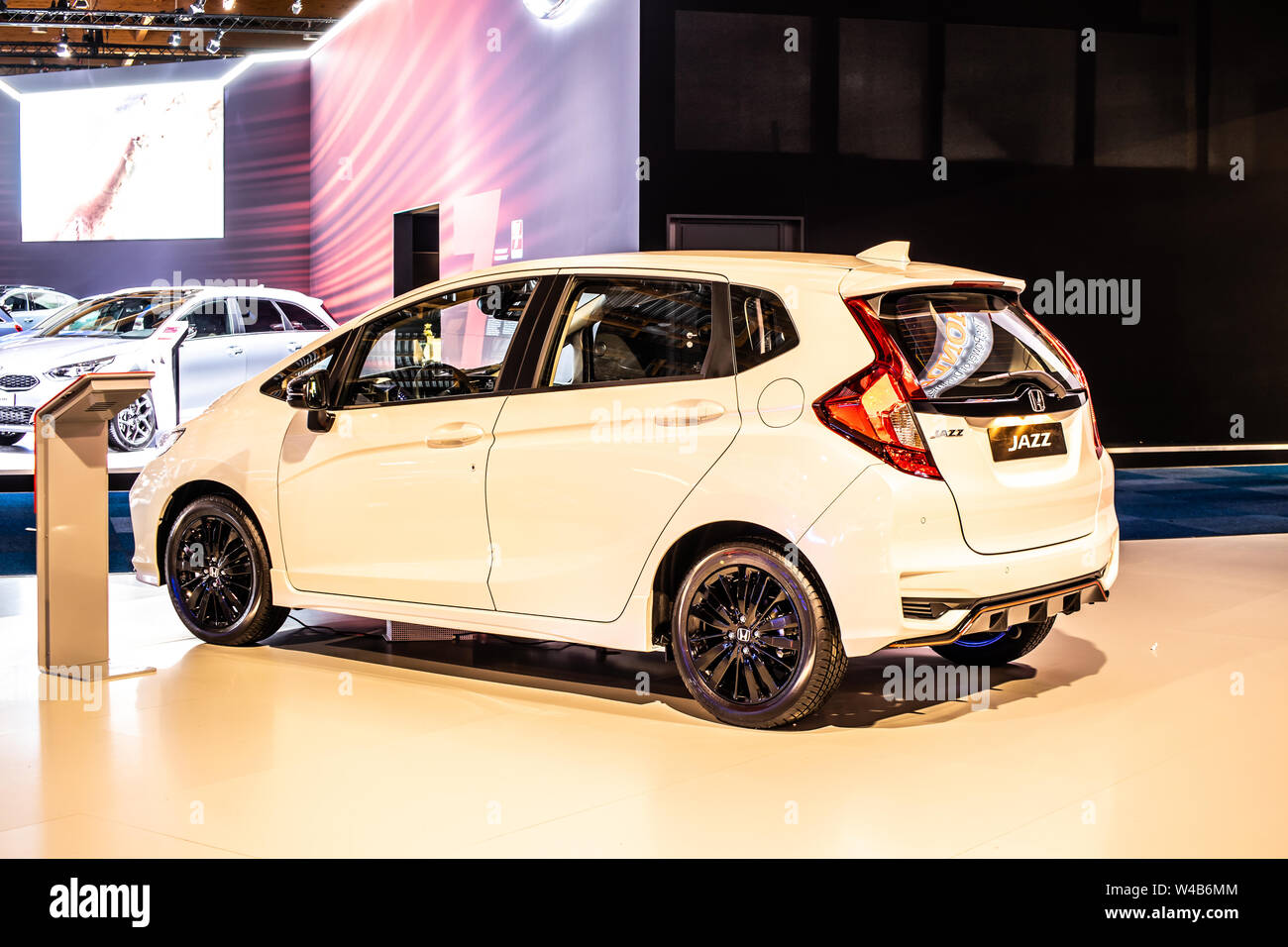 Brussels, Belgium, Jan 2019 white Honda JAZZ FIT Fitto, Brussels Motor Show, Third generation facelift, GK, B-segment subcompact car by Honda Stock Photo