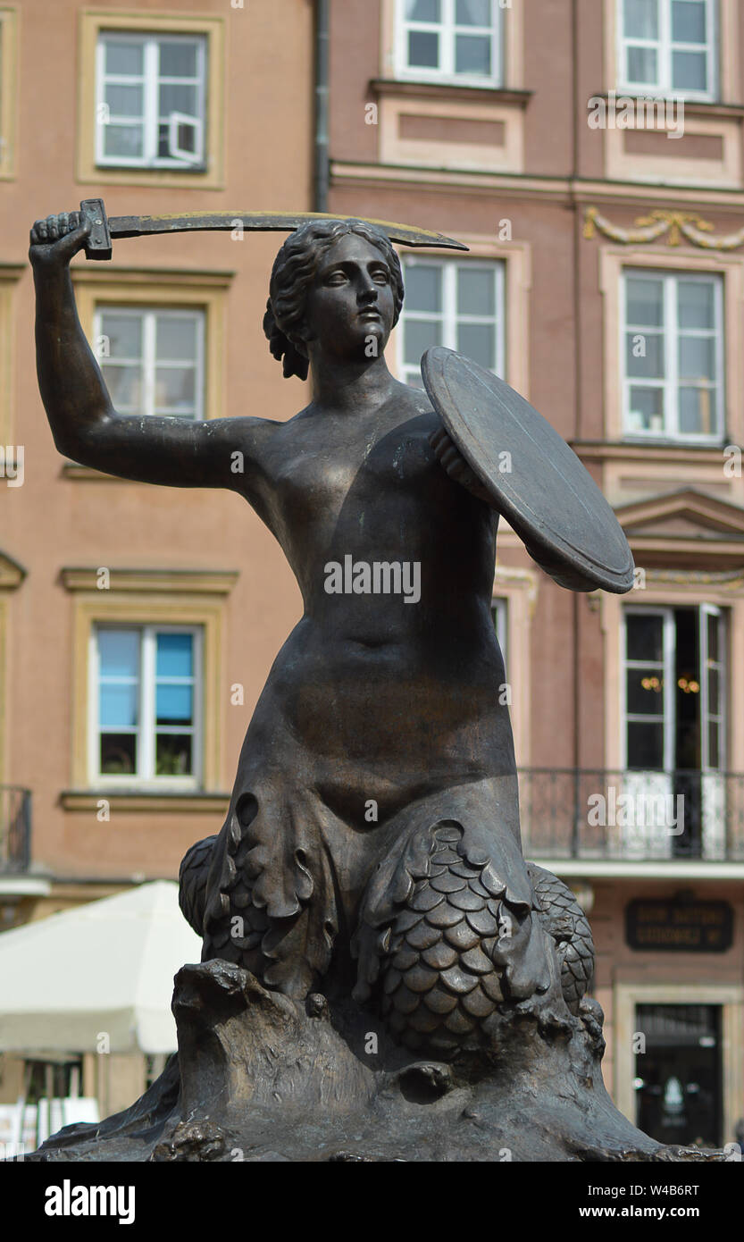 The statue of Syrenka, the Warsaw mermaid, in the Old Town Market Place, a symbol of the city since 1390, this sculpture created in 1855 Stock Photo