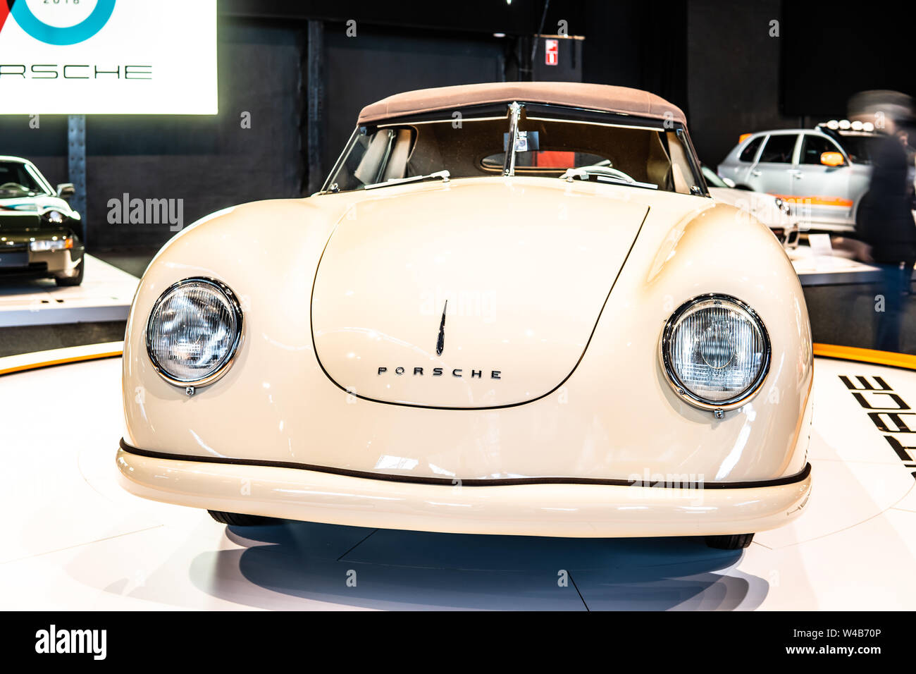 Brussels, Belgium, Jan 2019 vintage Porsche 356/2 Gmund Cabriolet Keibl 1949, Brussels AutoWorld Museum, Exposition: Porsche 70th Anniversary Stock Photo