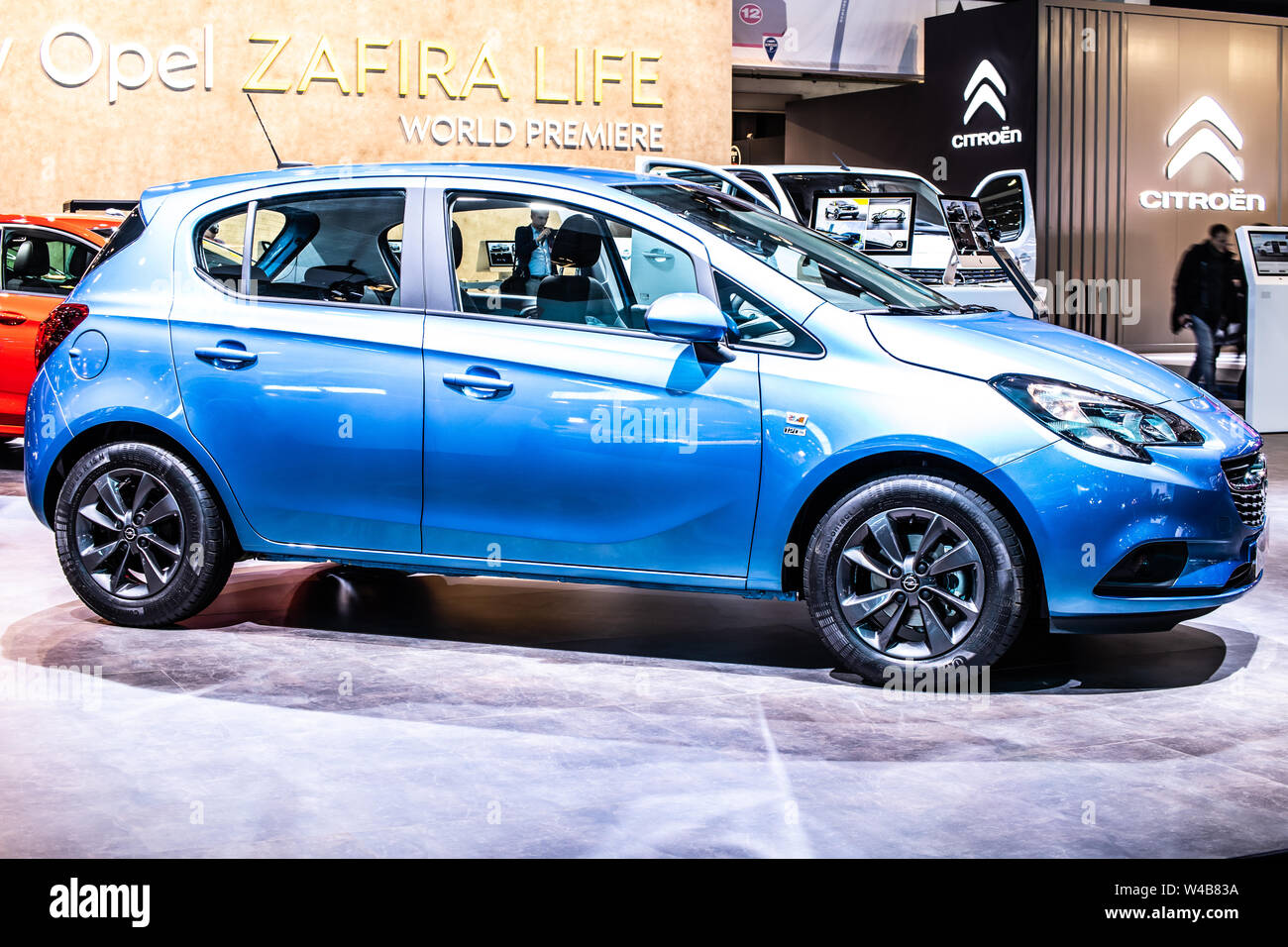 Brussels, Belgium, Jan 2019 blue OPEL Corsa, Brussels Motor Show, Corsa E - fifth generation, supermini car produced by Opel (PSA Group) Stock Photo