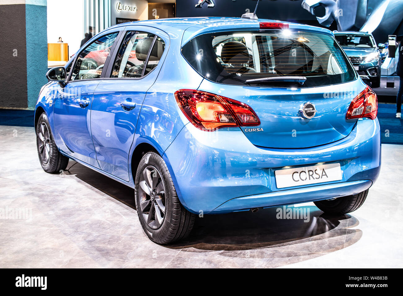 Brussels, Belgium, Jan 2019 blue OPEL Corsa, Brussels Motor Show, Corsa E - fifth generation, supermini car produced by Opel (PSA Group) Stock Photo