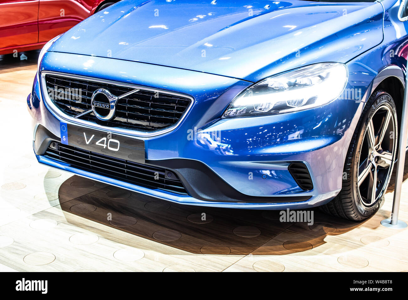 Brussels, Belgium, Jan 2019 blue Volvo V40 station wagon, Brussels Motor  Show, 1st gen facelift, small family estate manufactured by Swedish Volvo  Car Stock Photo - Alamy