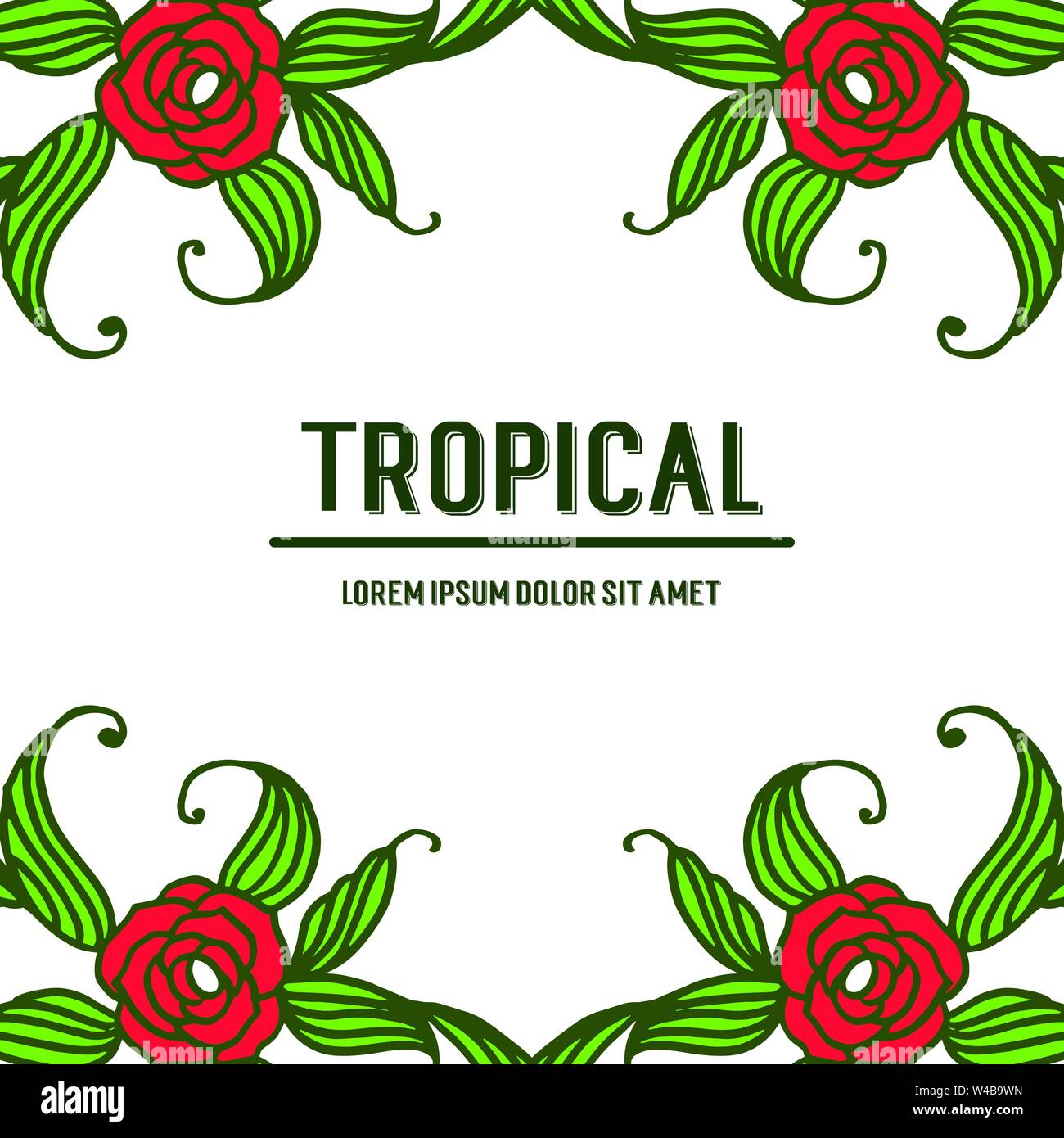 Decor of card tropical with beauty green leaves and rose red flower ...